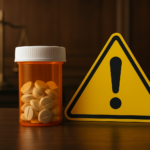 A prescription bottle containing pills next to a warning sign, symbolizing caution in drug use.