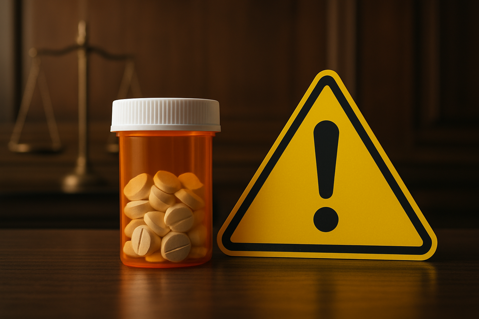 A prescription bottle containing pills next to a warning sign, symbolizing caution in drug use.