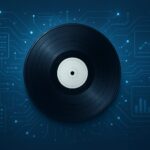 A vinyl record overlaid on a blue digital circuit background, representing the intersection of music and technology.