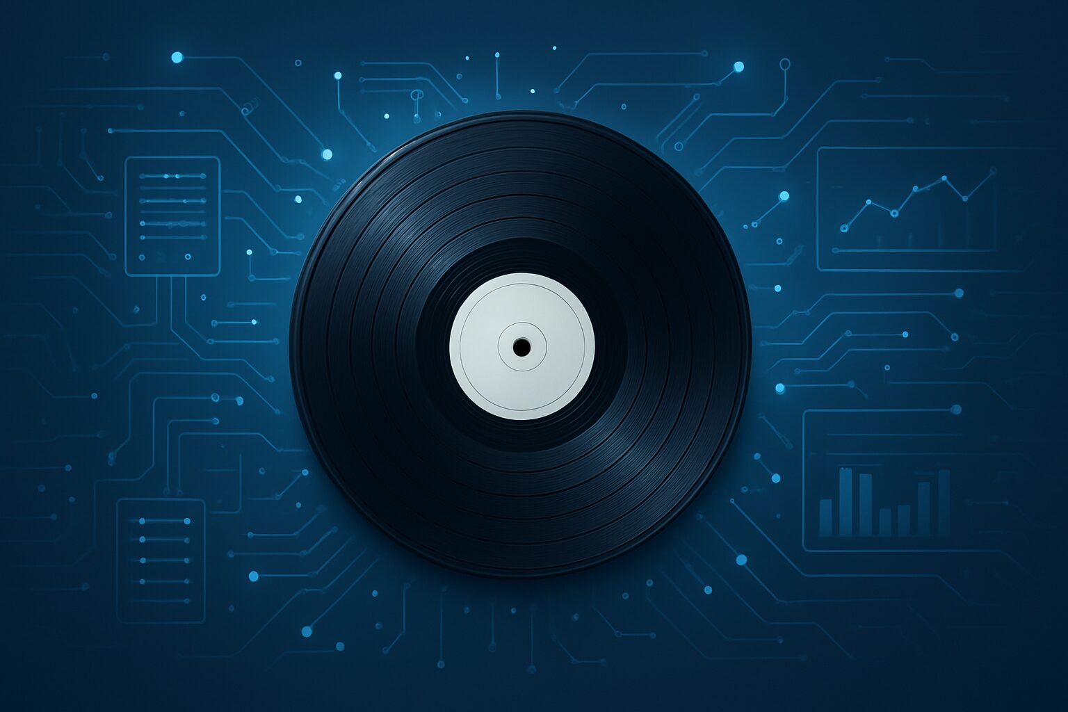 A vinyl record overlaid on a blue digital circuit background, representing the intersection of music and technology.
