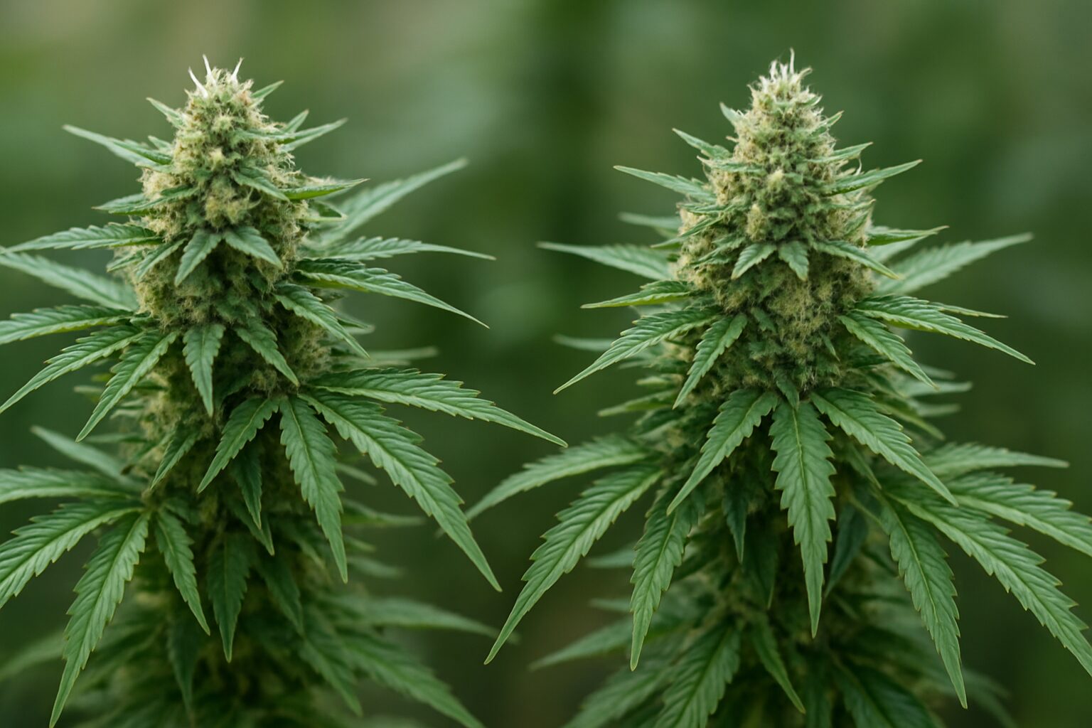 Close-up of two indica cannabis plants with prominent buds and lush green leaves.