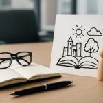 An open notebook and pen on a wooden desk beside a sketch of a castle with a sun and tree on a piece of paper.