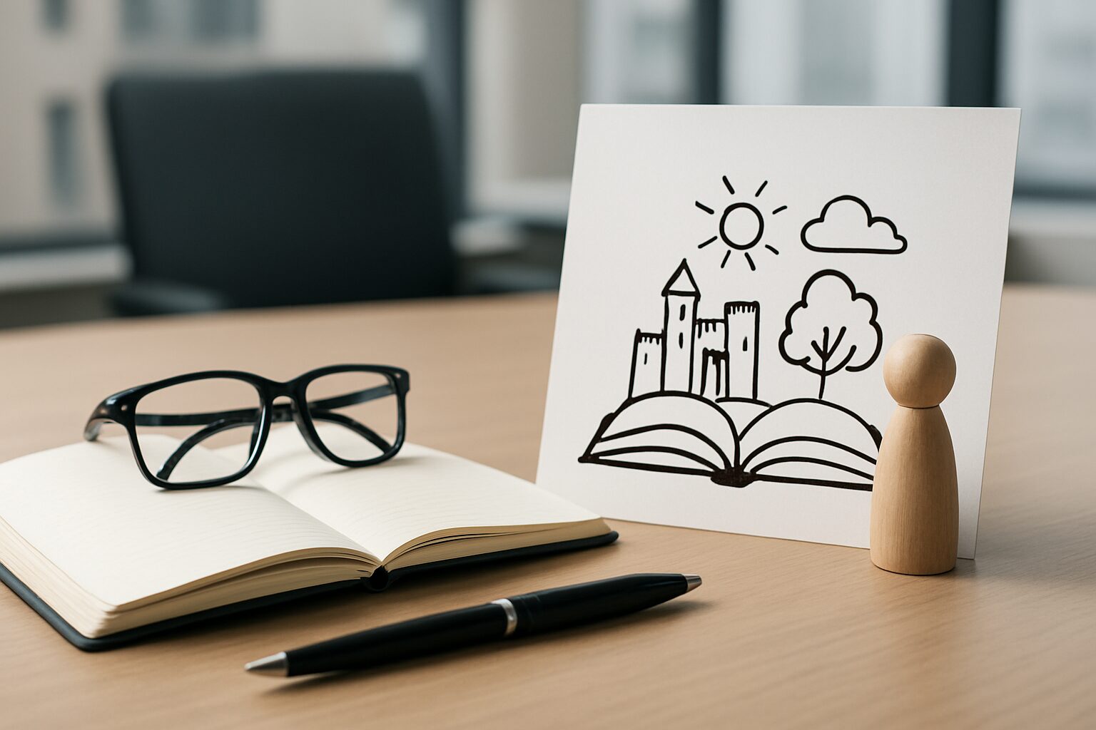 An open notebook and pen on a wooden desk beside a sketch of a castle with a sun and tree on a piece of paper.